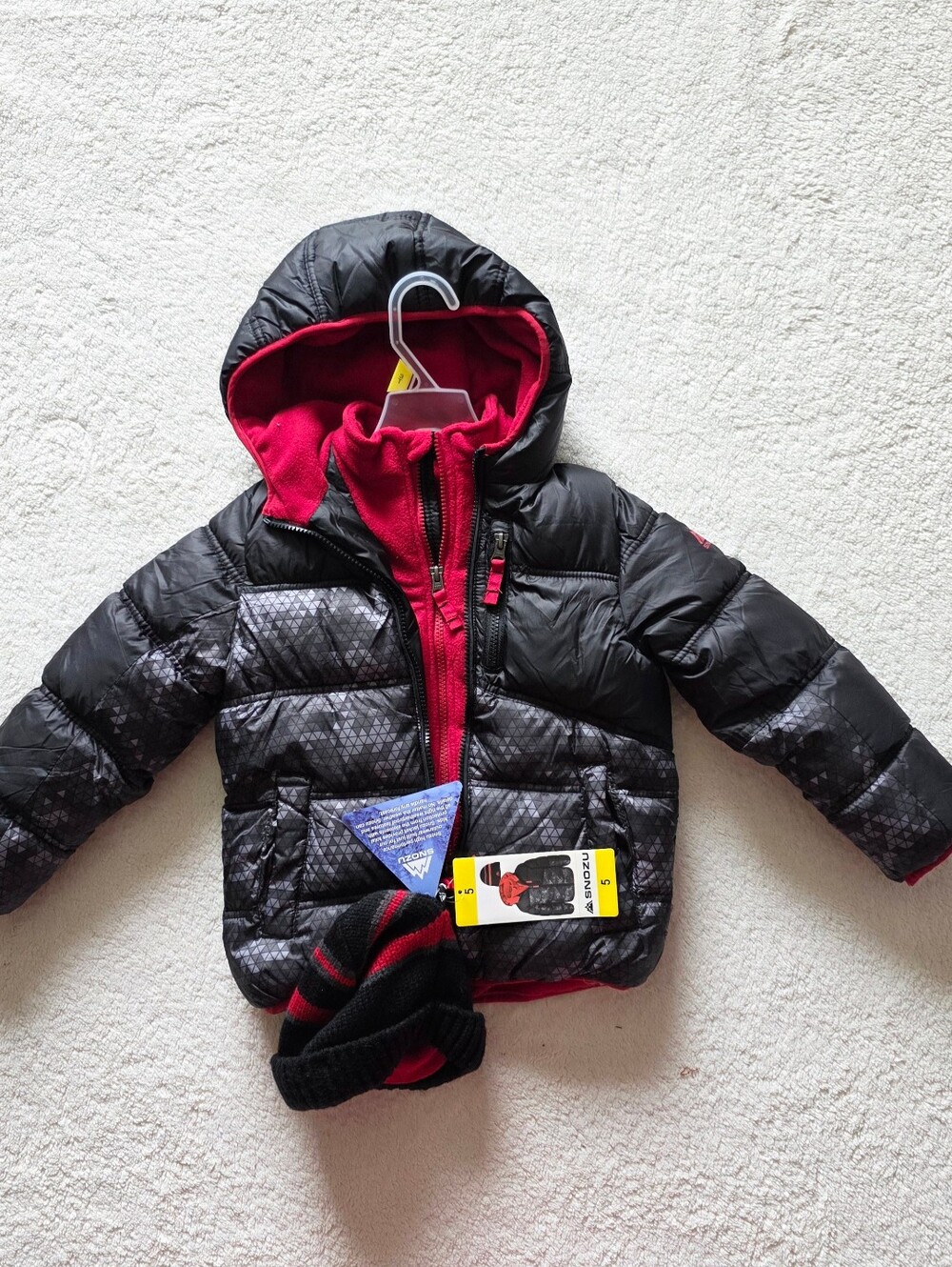 New Snozu toddler Boys Down Full Zip Hood winter Jacket & beanie set, 5t